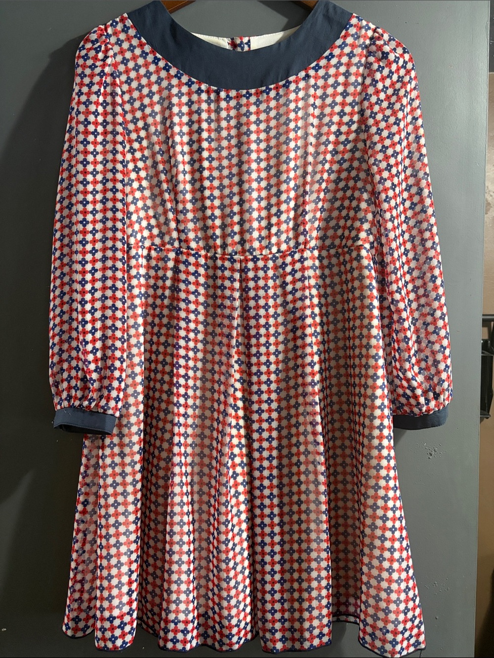 Lux Navy, Red and Cream Floral Geometric Fit-and-Flare Dress. Label M but fits S